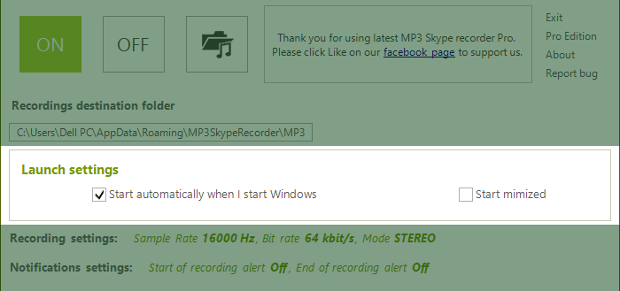 Startup settings for MP3 Skype recorder